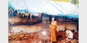 പ്ലാസ്റ്റിക് ഷീറ്റ് വലിച്ചുകെട്ടിയ വീടിനു മുന്നില്‍ ഏലിക്കുട്ടി