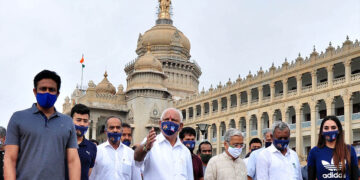 Chief Minister of Karnataka BS Yediyurappa with Cricketer Anil Kumble, MP Tejaswi Surya and other state ministers take part in a rally to mark ‘Mask Day’, in front of Vidhana Soudha in Bengaluru