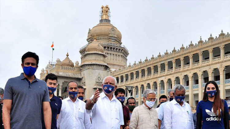 Chief Minister of Karnataka BS Yediyurappa with Cricketer Anil Kumble, MP Tejaswi Surya and other state ministers take part in a rally to mark ‘Mask Day’, in front of Vidhana Soudha in Bengaluru