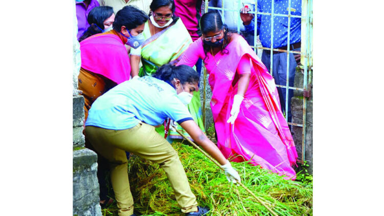 കോര്‍പ്പറേഷന്‍ കുളങ്ങളുടെ ശുചീകരണ ഉദ്ഘാടനം മേയര്‍ ഹണി ബഞ്ചമിന്‍ കല്ലുംതാഴത്തെ കൊച്ചുകുളത്തിലെ മാലിന്യങ്ങള്‍ നീക്കി നിര്‍വഹിക്കുന്നു