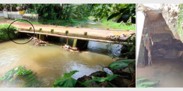 1. തൊണ്ടിക്കുഴ സ്‌കൂളിന് സമീപത്തെ തോടിന് കുറുകെയുള്ള പാലം 2. റൗണ്ടില്‍ അടയാളപ്പെടുത്തിയ ഭാഗത്ത് കല്‍ക്കെട്ട് തകര്‍ന്ന നിലയില്‍