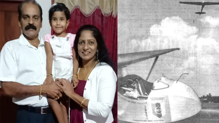 (ഇടത്)ഡോ. ഷീലാ രമണി ഭര്‍ത്താവ് ഡോ. സാം എബനേസര്‍, മകള്‍ ആദ്യ എന്നിവര്‍ക്കൊപ്പം, (വലത്) പതിനെട്ടാം വയസില്‍ ഷീലാ രമണി ഗ്ലൈഡര്‍ പറത്തുന്നു (ഫയല്‍)