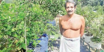 മട്ടുപ്പാവിലെ ബോണ്‍സായി മരങ്ങള്‍ക്കരികില്‍ സുബ്രഹ്മണ്യന്‍ നമ്പൂതിരി