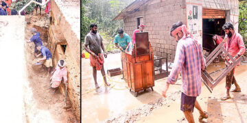 കൂട്ടിക്കലില്‍ ഉരുള്‍ പൊട്ടലില്‍ മണ്ണിനടിയിലായ വീടിന്റെ താഴത്തെ നിലയിലെ മണ്ണ് നീക്കി വാസയോഗ്യമാക്കുന്ന സേവാഭാരതി പ്രവര്‍ത്തകര്‍(ഇടത്), കൂട്ടിക്കലില്‍ സേവാഭാരതിയുടെ സന്നദ്ധ പ്രവര്‍ത്തനങ്ങള്‍(വലത്)