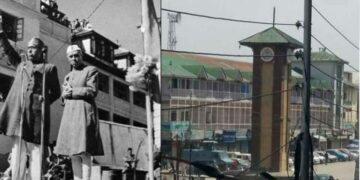 1948ല്‍ നെഹ്രു ലാല്‍ ചൗക്കില്‍ പ്രസംഗിക്കുന്നു (ഇടത്ത്) ലാല്‍ ചൗക്കില്‍ റിപ്പബ്ലിക് ദിനത്തില്‍ പതാക ഉയര്‍ത്താന്‍ പോകുന്ന ലാല്‍ ചൗക്കിലെ ക്ലോക്ക് ടവര്‍