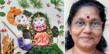 ഇലയും പൂവും തണ്ടും മാത്രം ഉപയോഗിച്ച് ഗീതമ്മ വരച്ച ചിത്രങ്ങള്‍