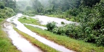 പെട്ടിമുടി പുഴയില്‍ നീരൊഴിക്ക് വര്‍ധിച്ച നിലയില്‍, സമീപത്തെ റോഡിലെ വെള്ളക്കെട്ടും കാണാം