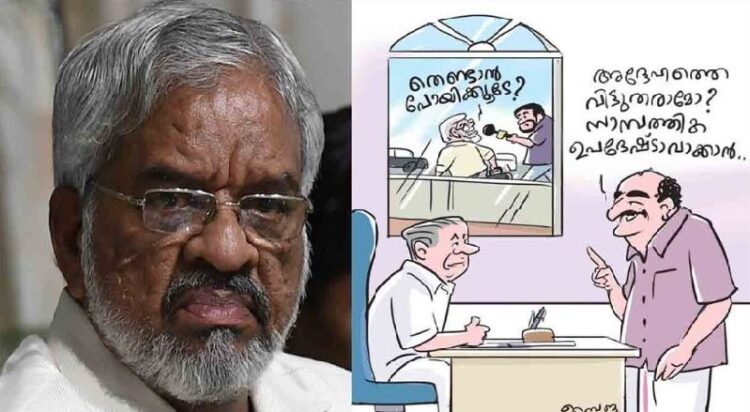 തെണ്ടാന്‍ പൊയ്ക്കൂടേ എന്ന് മാധ്യമപ്രവര്‍ത്തകരെ അപമാനിച്ചതനെ തുടര്‍ന്ന് എം.സി. ദത്തനെക്കുറിച്ച് മനോരമ പത്രം പ്രസിദ്ധീകരിച്ച കാര്‍ട്ടൂണ്‍ (വലത്ത്)