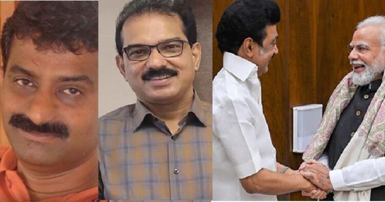 ആന്തൂരിലെ ആത്മഹത്യ ചെയ്ത സാജന്‍ എന്ന പ്രവാസി വ്യവസായി (ഇടത്ത്) കിറ്റെക്സ് ഉടമ സാബു ജേക്കബ് (നടുവില്‍)