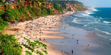 View of Varkala beach from cliff. Kerala. India