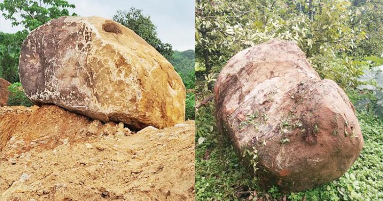 മണ്ണെടുത്തുകൊണ്ടിരുന്ന സ്ഥലത്ത് നിന്നും മഴ പെയ്തപ്പോള്‍ 100 മീറ്റര്‍ താഴെ ജനവാസ മേഖലയില്‍ പതിച്ച ഭീമാകാരമായ പാറ