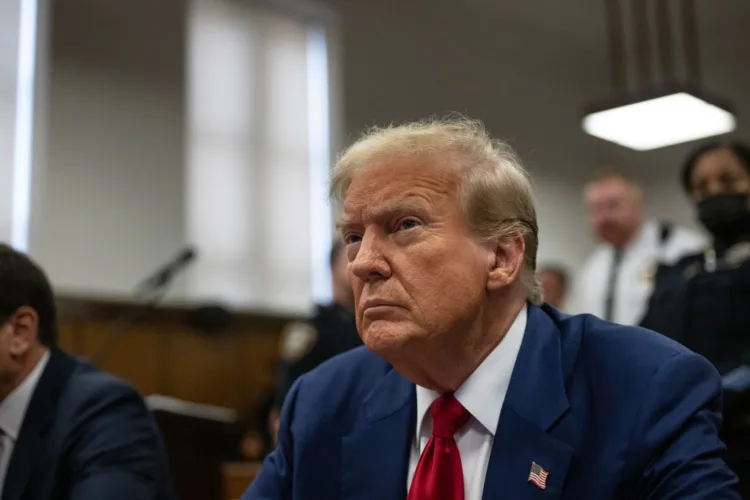 NEW YORK, NEW YORK - APRIL 30: Former U.S. President Donald Trump appears in court during his trial for allegedly covering up hush money payments at Manhattan Criminal Court on April 30, 2024 in New York City. Former U.S. President Donald Trump faces 34 felony counts of falsifying business records in the first of his criminal cases to go to trial.  (Photo by Victor J. Blue-Pool/Getty Images)