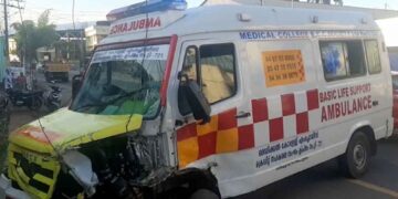 The ambulance hit a man and his daughter, killing the former instantly. Photo: Manorama News