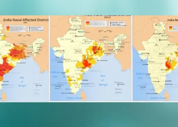 2007, 2013, 2018 വര്‍ഷങ്ങളില്‍ നക്‌സല്‍ ബാധിത പ്രദേശങ്ങള്‍ യഥാക്രമം (ഇടത്തു നിന്ന് വലത്തോട്ട്)