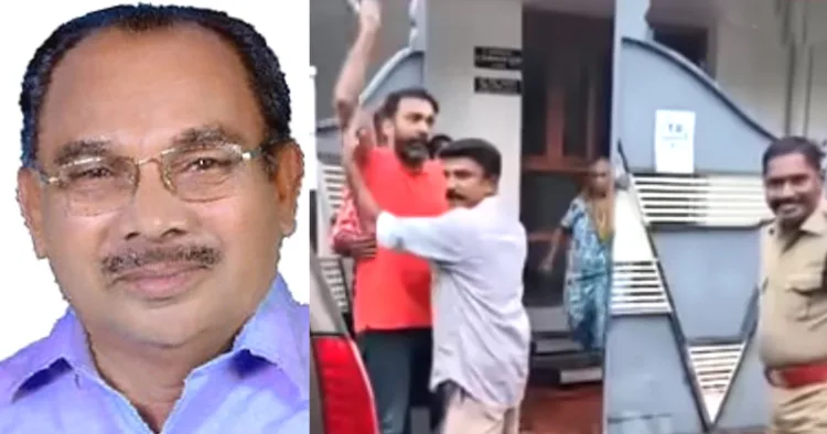 ഷാനവാസ്ഖാന്റെ വീട്ടില്‍ തെളിവെടുപ്പിനെത്തിയ പോലീസിനെ കയ്യേറ്റം ചെയ്യാനൊരുങ്ങിയ മകനെ തടയാന്‍ ശ്രമിക്കുന്നു