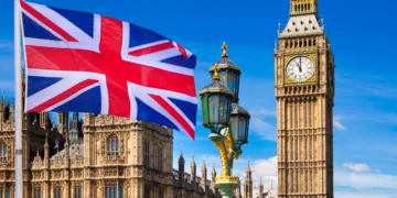 British flag, Big Ben, Houses of Parliament and British flag composition