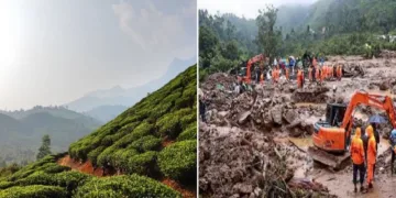 മേപ്പാടിയിലെ ചൂരല്‍മലയിലെ നീലമല ടൂറിസം ബ്രോഷറില്‍ (ഇടത്ത്) ഉരുള്‍പൊട്ടലില്‍ തകര്‍ന്ന ചൂരല്‍മലയുടെ ഭാഗം (വലത്ത്)