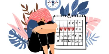 Female period days. Woman menustration calendar cartoon vector, feminine cramp fertile cycle hygiene periodical menstruation plan, fertility awareness time, menstrual periodic planning isolated image