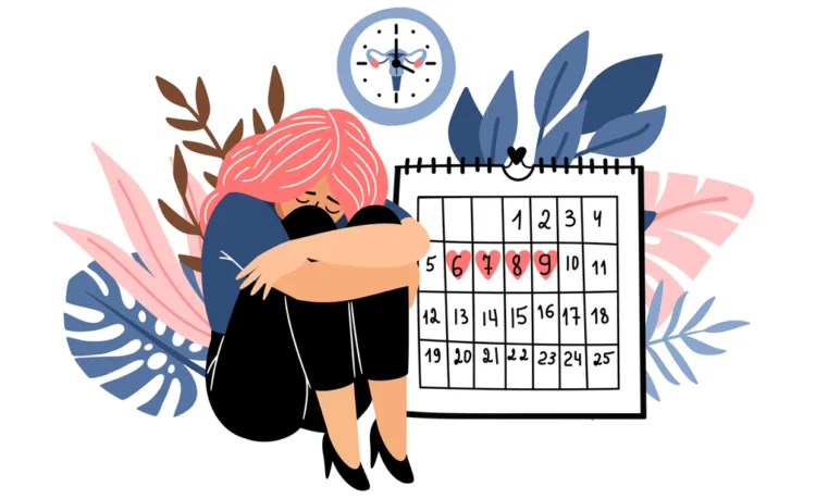 Female period days. Woman menustration calendar cartoon vector, feminine cramp fertile cycle hygiene periodical menstruation plan, fertility awareness time, menstrual periodic planning isolated image