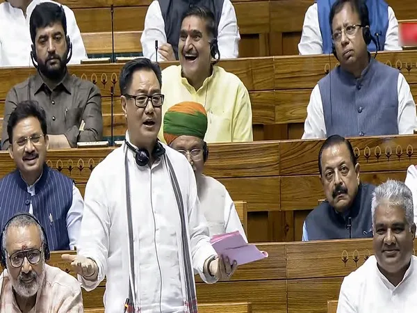New Delhi, Aug 8 (ANI): Union Parliamentary Affairs Minister Kiren Rijiju speaks in the Lok Sabha during the Monsoon Session of Parliament, in New Delhi on Thursday. (ANI Photo/SansadTV)