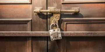 Closed Wood Door with lock in Nepal.