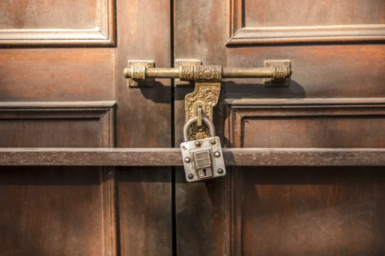 Closed Wood Door with lock in Nepal.