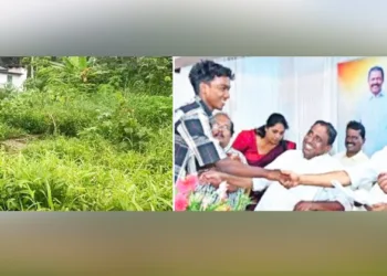 അടിത്തറയില്‍ ഒതുങ്ങി കാടുകയറി കിടക്കുന്ന നിരഞ്ജന്റെ വീടിനുള്ള സ്ഥലവും 2023 ആഗസ്ത് 19 ന് എം.വി.ഗോവിന്ദന്‍ നിരഞ്ജന് കൈകൊടുത്ത ഫയല്‍ ചിത്രവും