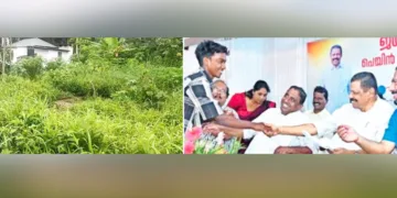 അടിത്തറയില്‍ ഒതുങ്ങി കാടുകയറി കിടക്കുന്ന നിരഞ്ജന്റെ വീടിനുള്ള സ്ഥലവും 2023 ആഗസ്ത് 19 ന് എം.വി.ഗോവിന്ദന്‍ നിരഞ്ജന് കൈകൊടുത്ത ഫയല്‍ ചിത്രവും