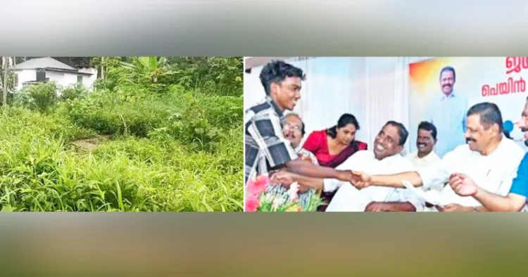 അടിത്തറയില്‍ ഒതുങ്ങി കാടുകയറി കിടക്കുന്ന നിരഞ്ജന്റെ വീടിനുള്ള സ്ഥലവും 2023 ആഗസ്ത് 19 ന് എം.വി.ഗോവിന്ദന്‍ നിരഞ്ജന് കൈകൊടുത്ത ഫയല്‍ ചിത്രവും