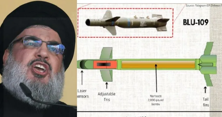 നസ്റുള്ളയെ വധിക്കാന്‍ ഇസ്രയേല്‍ ഉപയോഗിച്ച ബങ്കര്‍ ബസ്റ്റര്‍ ബോംബായ ബിഎല്‍യു 109 ന്‍റെ രേഖാചിത്രം(വലത്ത്)