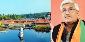 വടകരയിലെ സര്‍ഗാലയ ആര്‍ട് ആന്‍റ് ക്രാഫ്റ്റ് വില്ലേജ് (ഇടത്ത്) കേന്ദ്ര ടൂറിസം മന്ത്രി ഗജേന്ദ്ര സിങ്ങ് ഷെഖാവത്ത് (വലത്ത്)