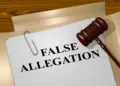 3D illustration of 'FALSE ALLEGATION' title on Legal Documents - concept