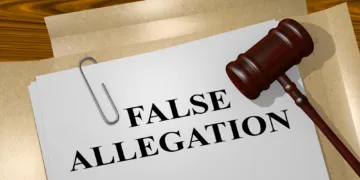 3D illustration of 'FALSE ALLEGATION' title on Legal Documents - concept