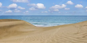 Sand dunes and the sea, Namibia, Africa.