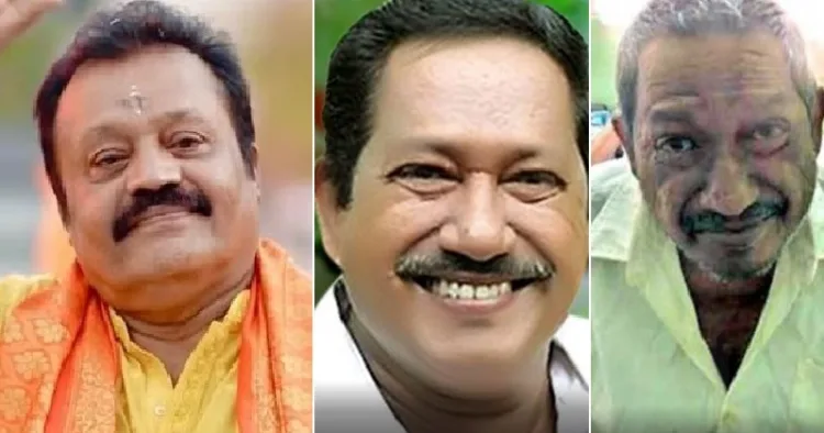 നടന്‍ സുരേഷ് ഗോപി (ഇടത്ത്) വി.ഡി. രാജപ്പന്‍ ആരോഗ്യവാനായിരുന്നപ്പോള്‍ (നടുവില്‍) വി.ഡി.രാജപ്പന്‍ രോഗിയായിരുന്നപ്പോള്‍ (വലത്ത്)