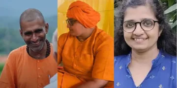 ജുന അഖാഡയിലെ മഹാമണ്ഡലേശ്വര്‍ ആനന്ദവനം ഭാരതി (ഇടത്ത്) അഖില വിമല്‍ (നടുവില്‍) സീന ഭാസ്കര്‍ (വലത്ത്)