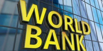 World Bank Neon Sign on Skyscrapper's Window. 3D Render