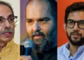 ഉദ്ധവ് താക്കറെ (ഇടത്ത്) കുനാല്‍ കമ്ര (നടുവില്‍) ആദിത്യ താക്കറേ (വലത്ത്)