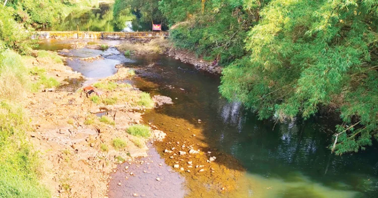 നീരൊഴുക്ക് കുറഞ്ഞ വാമനപുരം നദി കാരേറ്റ് പാലത്തില്‍ നിന്നുള്ള ദൃശ്യം. താല്‍ക്കാലിക തടയണയും കാണാം