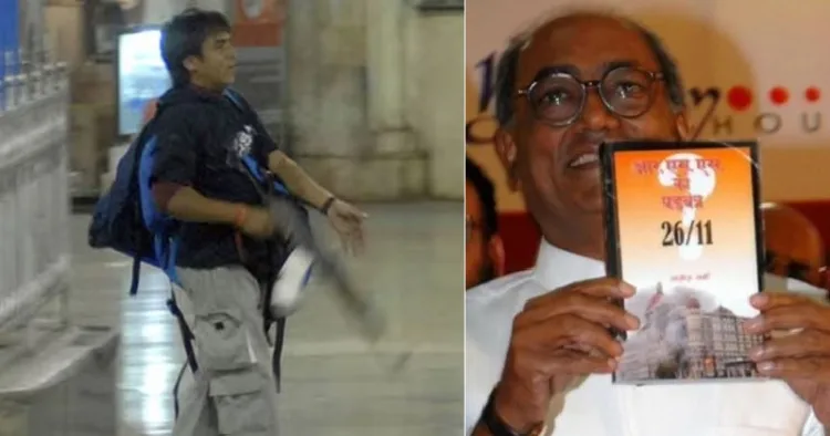 ദിഗ് വിജയ് സിങ്ങ് ഒരു പുസ്തകപ്രകാശനച്ചടങ്ങില്‍ 26-11 ഏന്‍ ആര്‍എസ്എസ് കോണ്‍സ്പിറസി എന്ന പുസ്തകം ഉയര്‍ത്തിക്കാട്ടുന്നു (വലത്ത്) പിടിയിലായ പാകിസ്ഥാനില്‍ നിന്നും പരിശീലനം ലഭിച്ച ഇസ്ലാമിക തീവ്രവാദി അജ് മല്‍ കസബ് (ഇടത്ത്)