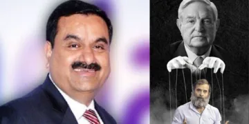 അമേരിക്കന്‍ ശതകോടീശ്വരനായ ജോര്‍ജ്ജ് സോറോസിന്‍റെ കയ്യിലെ കളിപ്പാവയായി രാഹുല്‍ ഗാന്ധി (വലത്ത്)