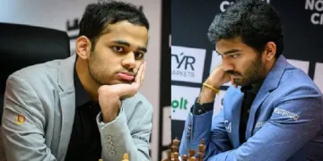 അര്‍ജുന്‍ എരിഗെയ്സി (ഇടത്ത്) ഗുകേഷ് (വലത്ത്)