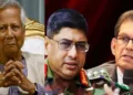 ബംഗ്ലാദേശ് സൈനിക മേധാവി വഖാര്‍ ഉസ് സമന്‍ (നടുവില്‍) ബംഗ്ലാദേശ് ദേശീയ ഉപദേഷ്ടാവായ ഖലീലുര്‍ റഹ്മാന്‍(വലത്ത്)