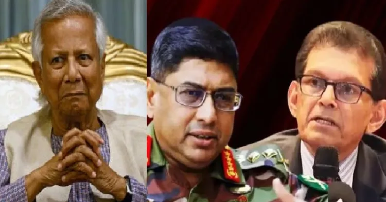 ബംഗ്ലാദേശ് സൈനിക മേധാവി വഖാര്‍ ഉസ് സമന്‍ (നടുവില്‍) ബംഗ്ലാദേശ് ദേശീയ ഉപദേഷ്ടാവായ ഖലീലുര്‍ റഹ്മാന്‍(വലത്ത്)