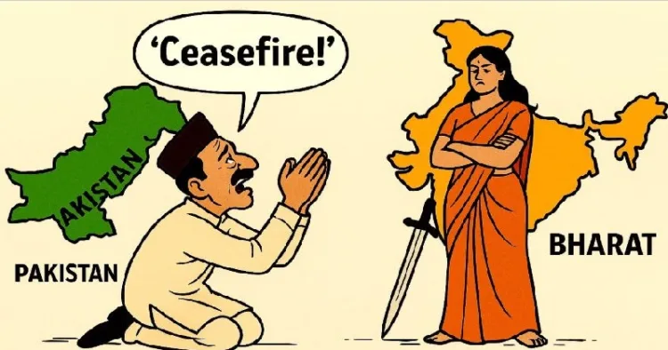 വെടിനിര്‍ത്തലിന് ഇരുരാജ്യവും സമ്മതിച്ചെന്ന ട്രംപിന്‍റെ പ്രഖ്യാപനം പുറത്തുവന്നതുമുതല്‍ ഭാരതമാതാവിന് മുന്‍പില്‍ മുട്ടുകുത്തി, കൈകൂപ്പി വെടനിര്‍ത്തല്‍ വേണം എന്ന് കരഞ്ഞുനിലവിളിക്കുന്ന പാകിസ്ഥാന്‍നേതാവിന്‍റെ സമൂഹമാധ്യമങ്ങളില്‍ വൈറലായി പ്രചരിക്കുന്ന കാര്‍ട്ടൂണ്‍
