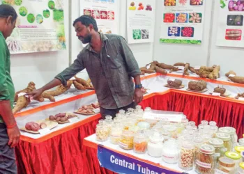 ശ്രീകാര്യം കേന്ദ്ര കിഴങ്ങ് ഗവേഷണ കേന്ദ്രം ജന്മഭൂമി പവലിയനില്‍ വിവിധയിനം കിഴങ്ങ് വര്‍ഗങ്ങള്‍ പ്രദര്‍ശിപ്പിച്ച് വിശദീകരിക്കുന്നു.