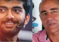 സ്പോര്‍ട്സ് സൈക്കോളജിസ്റ്റ് പാഡി അപ്ടണ്‍ (വലത്ത്) ചെസ് താരം ഗുകേഷ് (ഇടത്ത്)