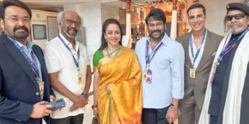 മുംബൈയിലെ ജിയോ വേള്‍ഡ് സെന്ററില്‍ സംഘടിപ്പിച്ച ലോക ദൃശ്യ ശ്രാവ്യ വിനോദ ഉച്ചകോടിയില്‍ പങ്കെടുക്കാനെത്തിയ നടന്‍ മോഹന്‍ലാല്‍ താരങ്ങളായ രജനീകാന്ത്, ഹേമ മാലിനി എംപി, ചിരഞ്ജീവി, അക്ഷയ് കുമാര്‍, മിഥുന്‍ ചക്രവര്‍ത്തി 
എന്നിവര്‍ക്കൊപ്പം