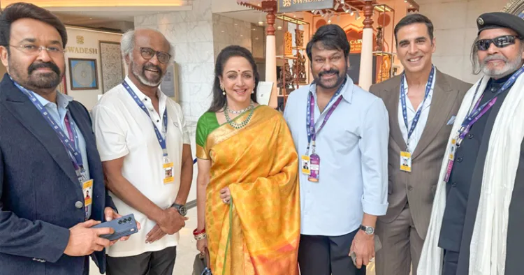 മുംബൈയിലെ ജിയോ വേള്‍ഡ് സെന്ററില്‍ സംഘടിപ്പിച്ച ലോക ദൃശ്യ ശ്രാവ്യ വിനോദ ഉച്ചകോടിയില്‍ പങ്കെടുക്കാനെത്തിയ നടന്‍ മോഹന്‍ലാല്‍ താരങ്ങളായ രജനീകാന്ത്, ഹേമ മാലിനി എംപി, ചിരഞ്ജീവി, അക്ഷയ് കുമാര്‍, മിഥുന്‍ ചക്രവര്‍ത്തി 
എന്നിവര്‍ക്കൊപ്പം