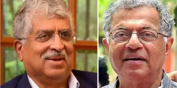 ഇന്‍ഫോസിസ് സ്ഥാപകരിലൊരാളായ നന്ദന്‍ നിലകേനി (ഇടത്ത്) നടന്‍ ഗിരീഷ് കര്‍ണാഡ് (വലത്ത്)